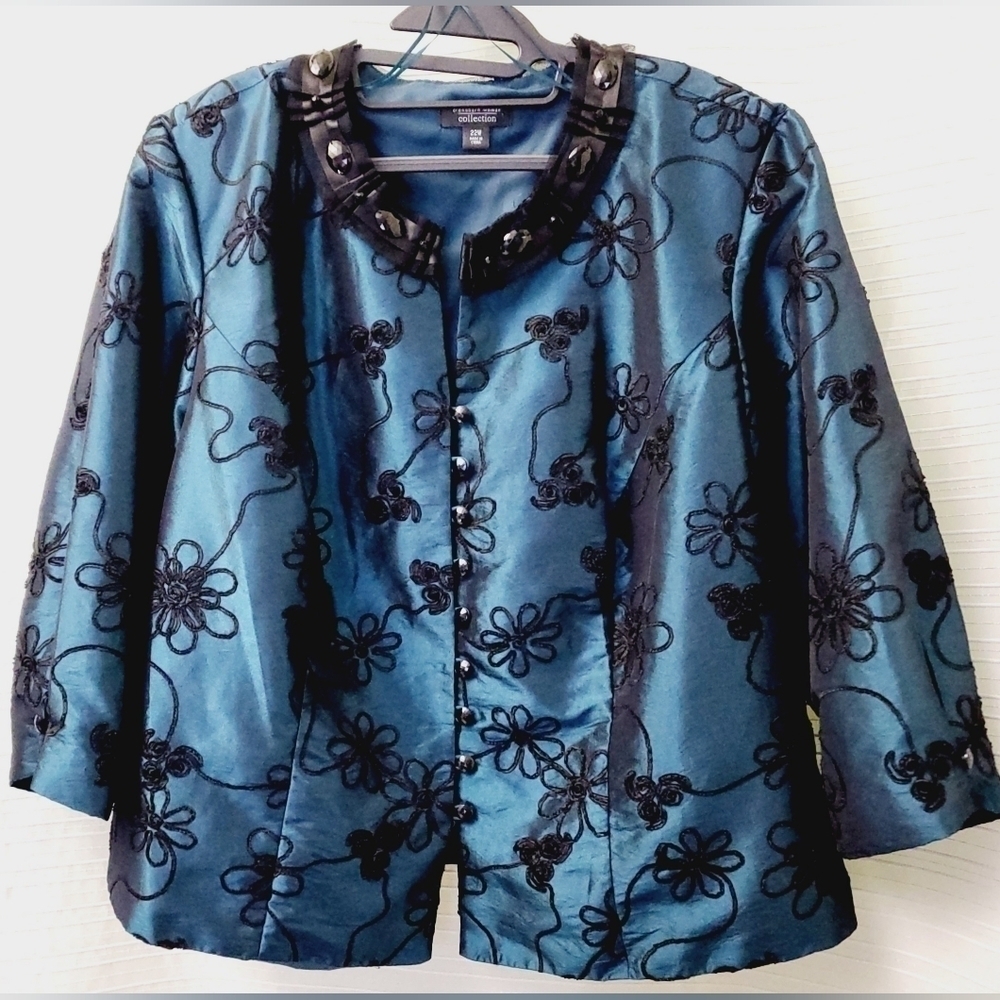 Formal Evening Wear Jacket Iridescent Blue Floral Embroidery Satin Size 22W